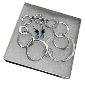 Set of Artisan Hammered Silver Link Bracelet & Turquoise Drop Earrings